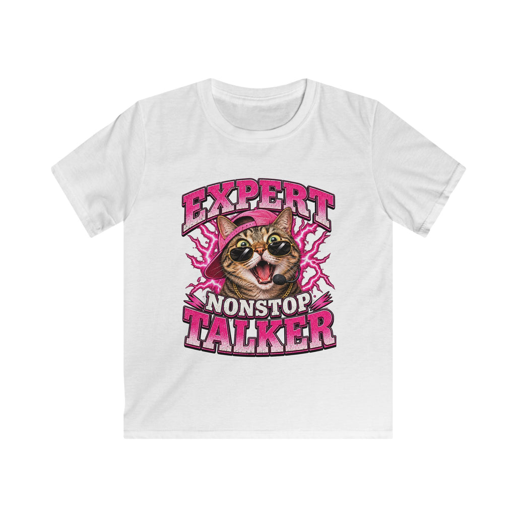 Expert Nonstop Talker Kids T‑Shirt Funny Cat Graphic Tee for Chatty Girls