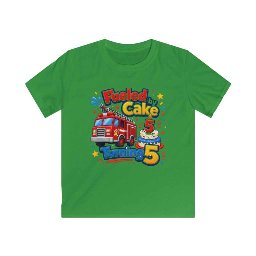 Kids Birthday T‑Shirt 'Fueled by Cake Turning 5' Fire Truck Tee