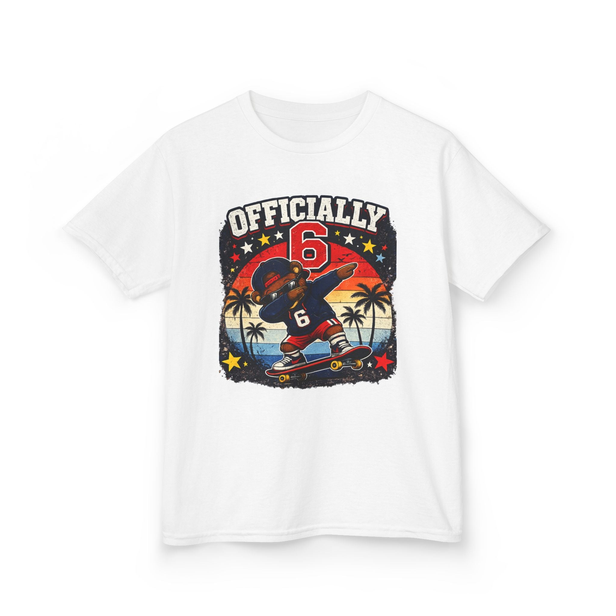 Kids Tee  "Officially 6" Skateboard Birthday Shirt with Palm Sunset