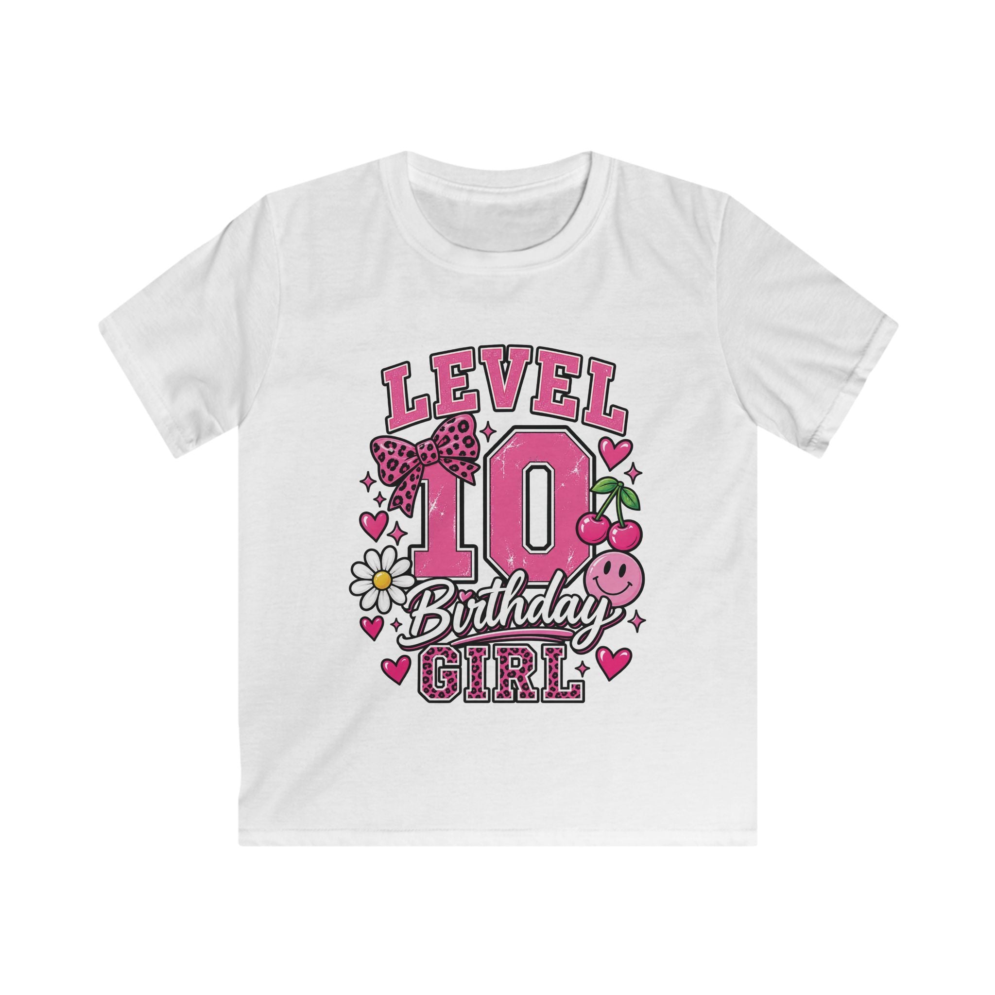Kids Tee Pink Floral '10' Birthday Shirt with Bows & Cherries