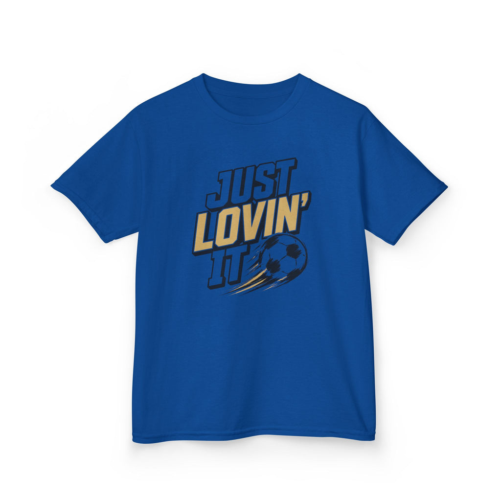 Just Lovin' It Soccer T-Shirt Design | Bold Sports Typography Graphic | Kids Soccer Lover Tee | Soccer Ball SVG Style Graphic