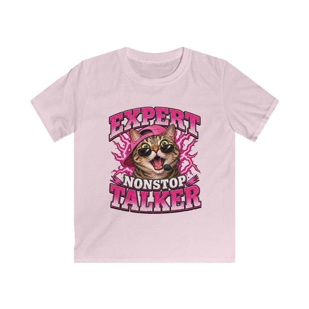 Expert Nonstop Talker Kids T‑Shirt Funny Cat Graphic Tee for Chatty Girls