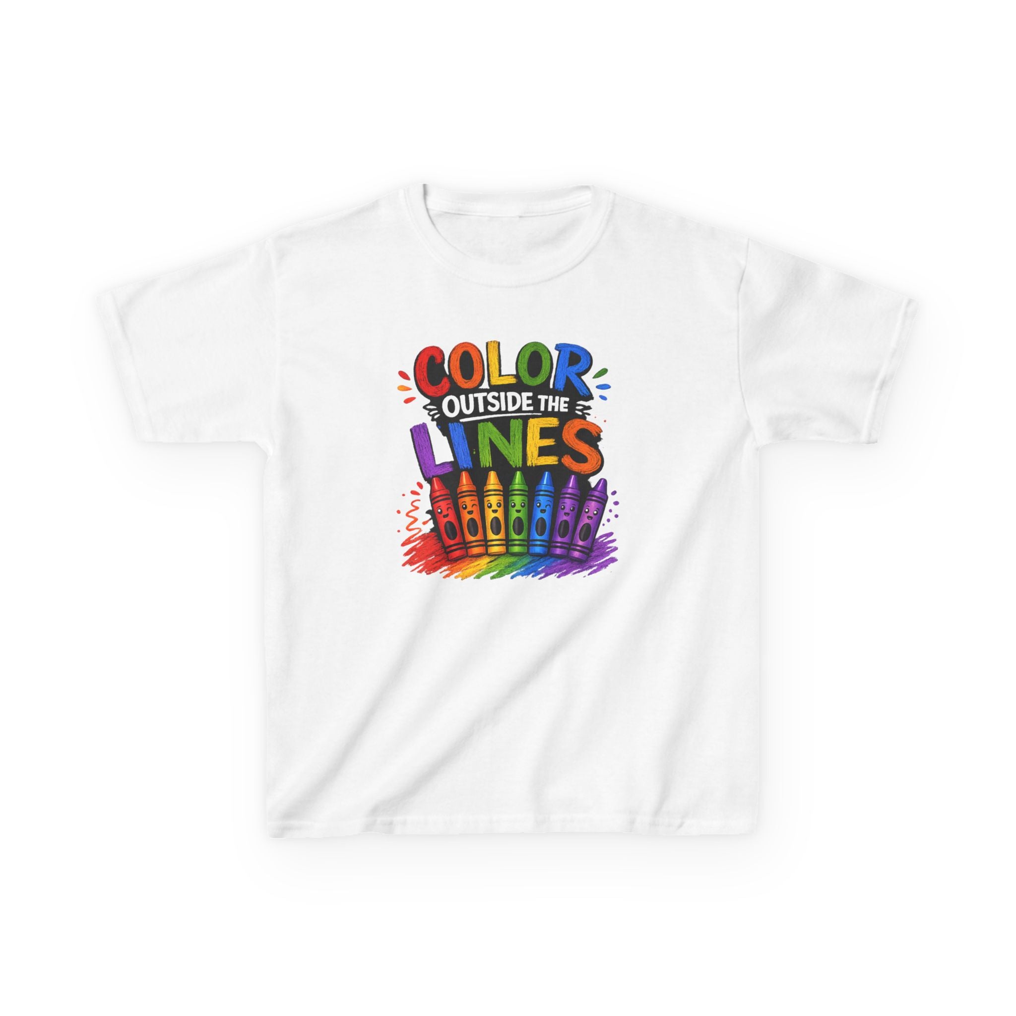 Kids "Color Outside the Lines" Graphic T-Shirt Rainbow Crayon Art Tee