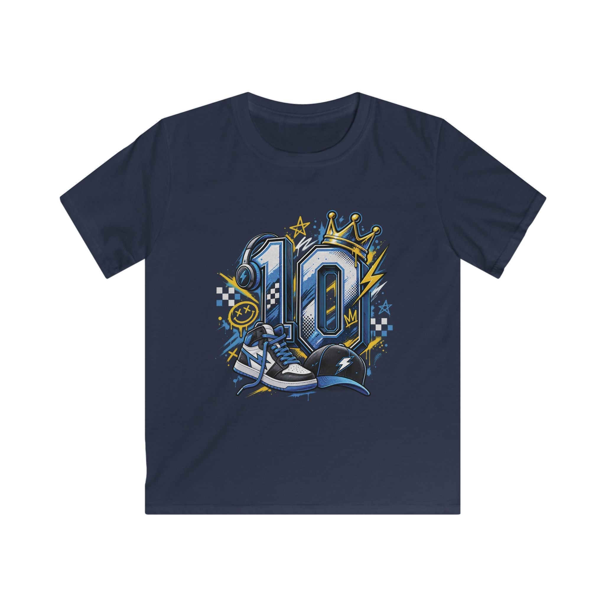 Kids 10th Birthday Racing Tee - Number 10 Crown & Sneakers Graphic