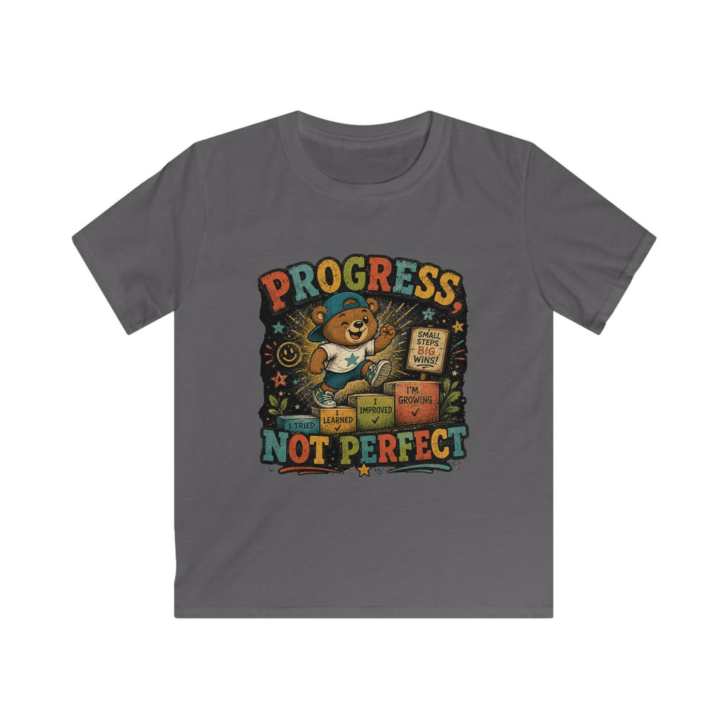 Kids Tee "Progress Not Perfect" Motivational Bear Shirt