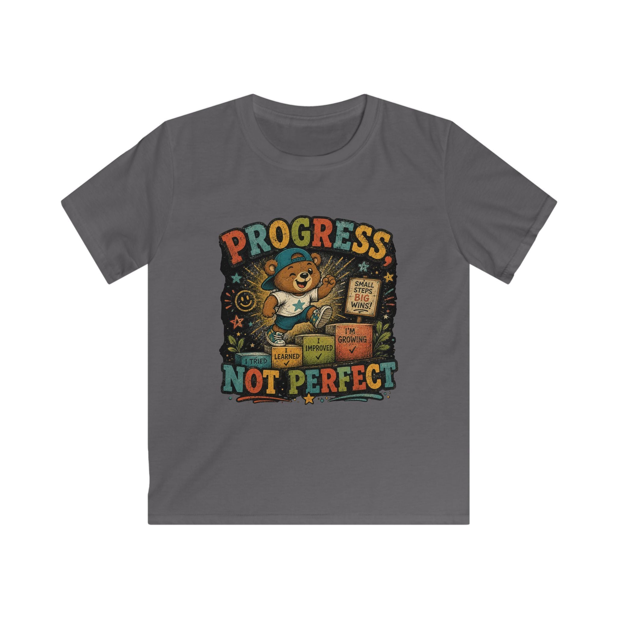 Kids Tee "Progress Not Perfect" Motivational Bear Shirt