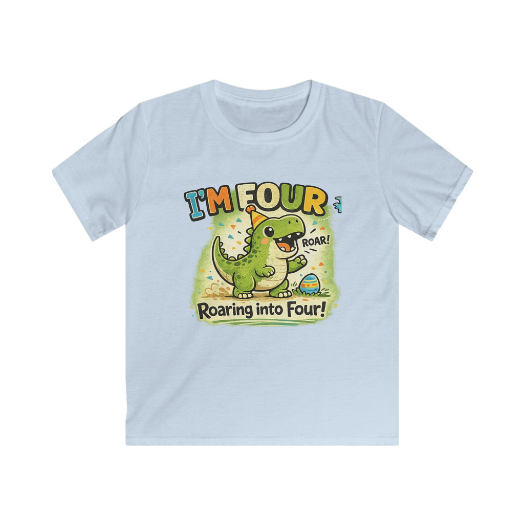 Kids Tee "I’m Four" Roaring Dinosaur Birthday Shirt