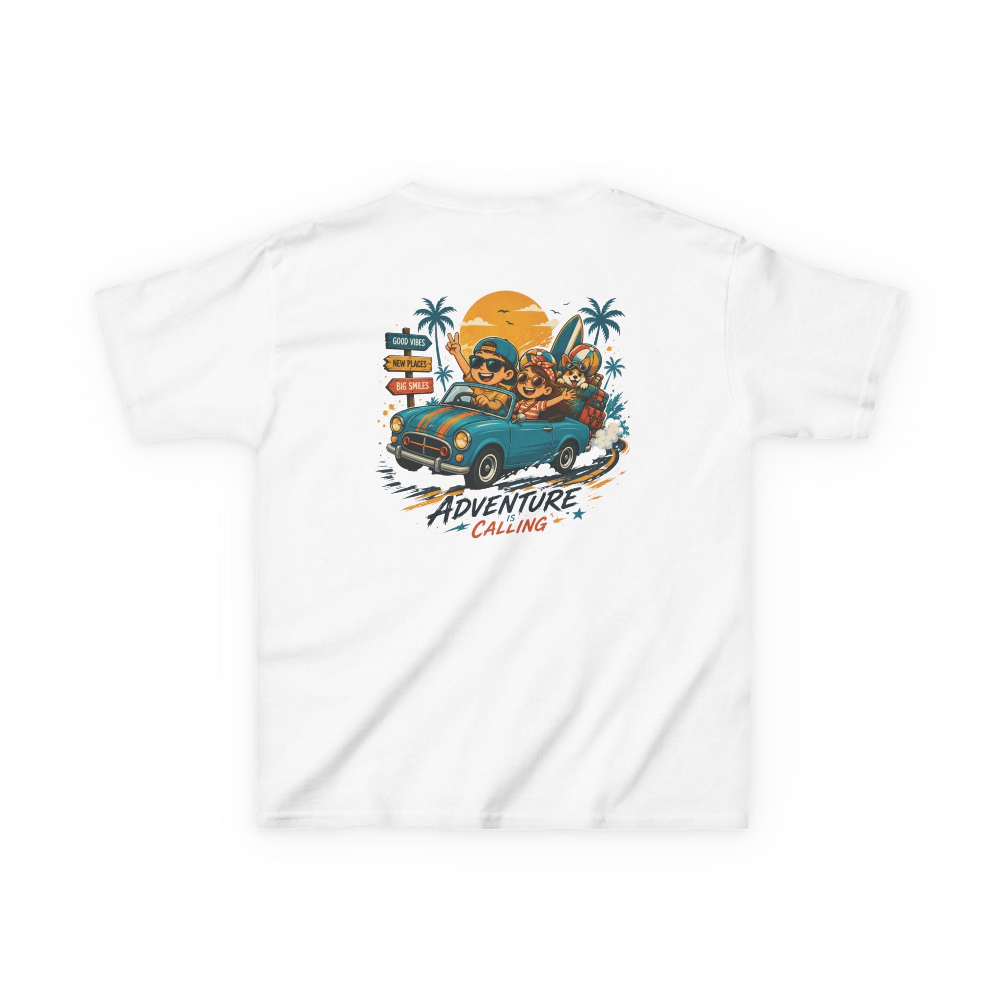 Boys Tee "Adventure Calling" Vintage Tropical Car & Sunset Graphic