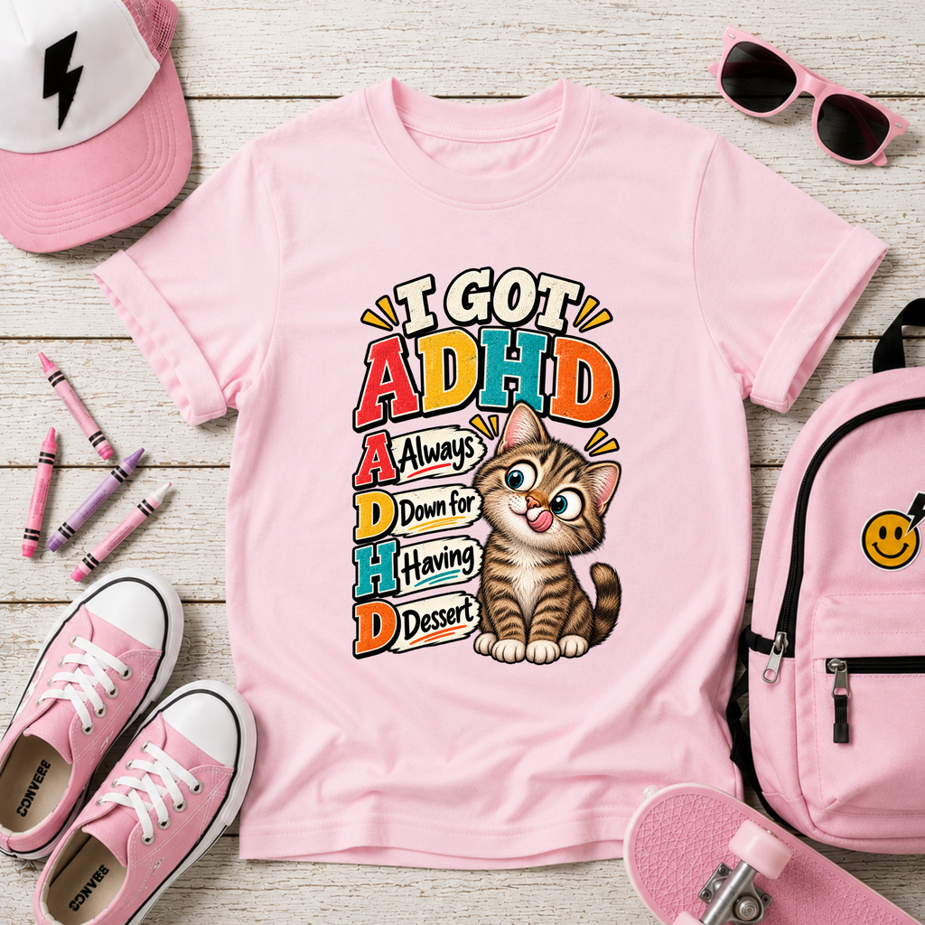 Kids ADHD Cat T-Shirt - "I Got ADHD" Funny Retro Design