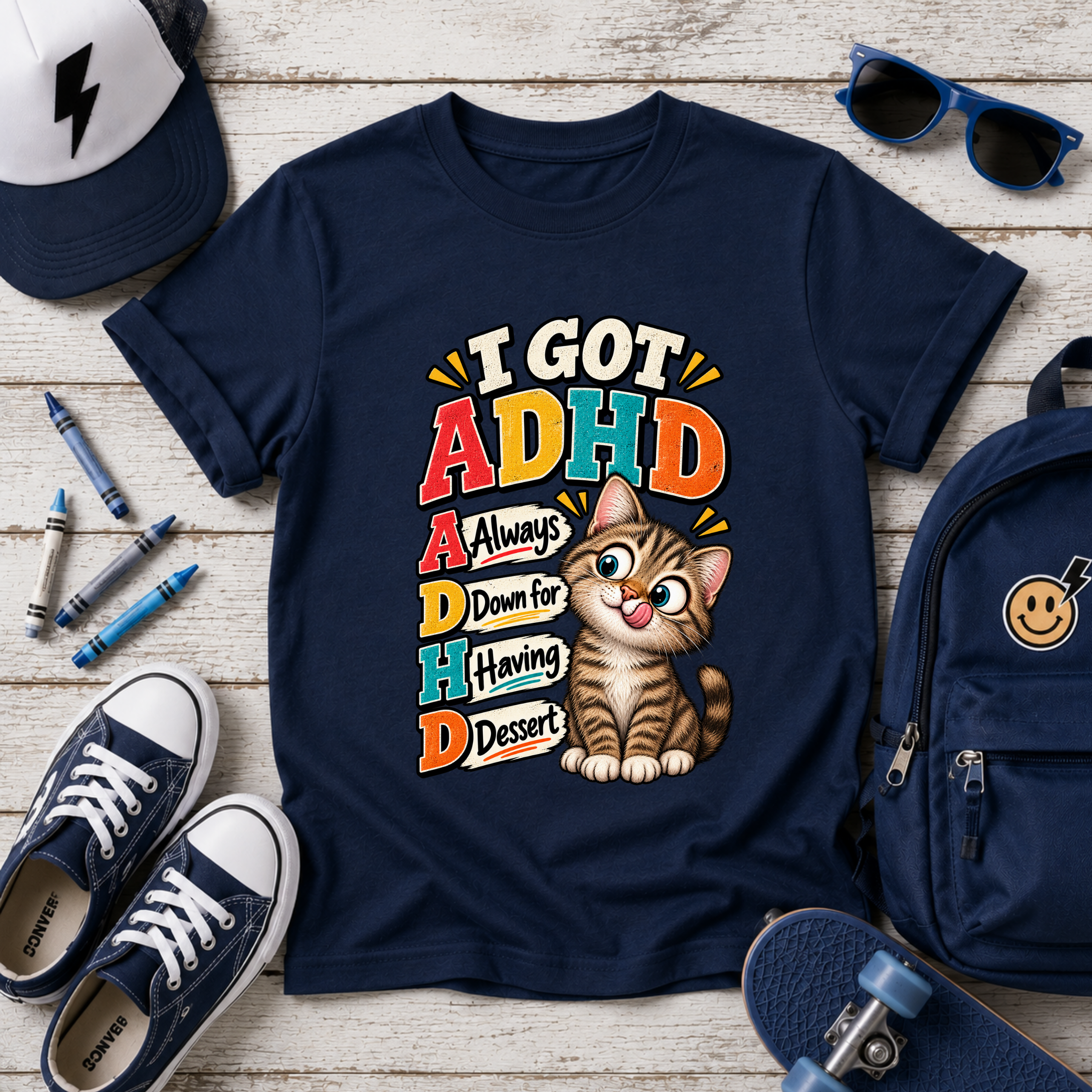 Kids ADHD Cat T-Shirt - "I Got ADHD" Funny Retro Design