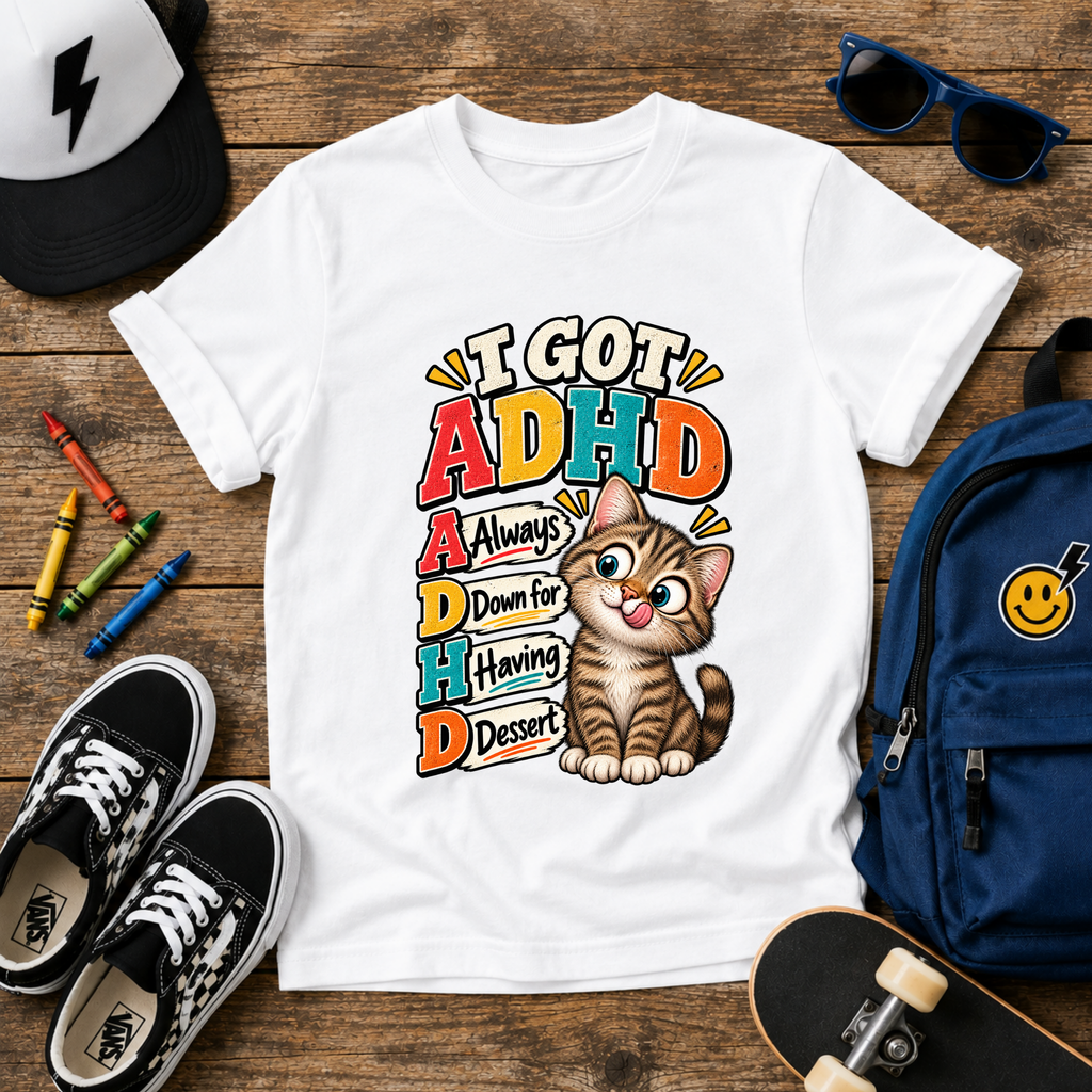 Kids ADHD Cat T-Shirt - "I Got ADHD" Funny Retro Design