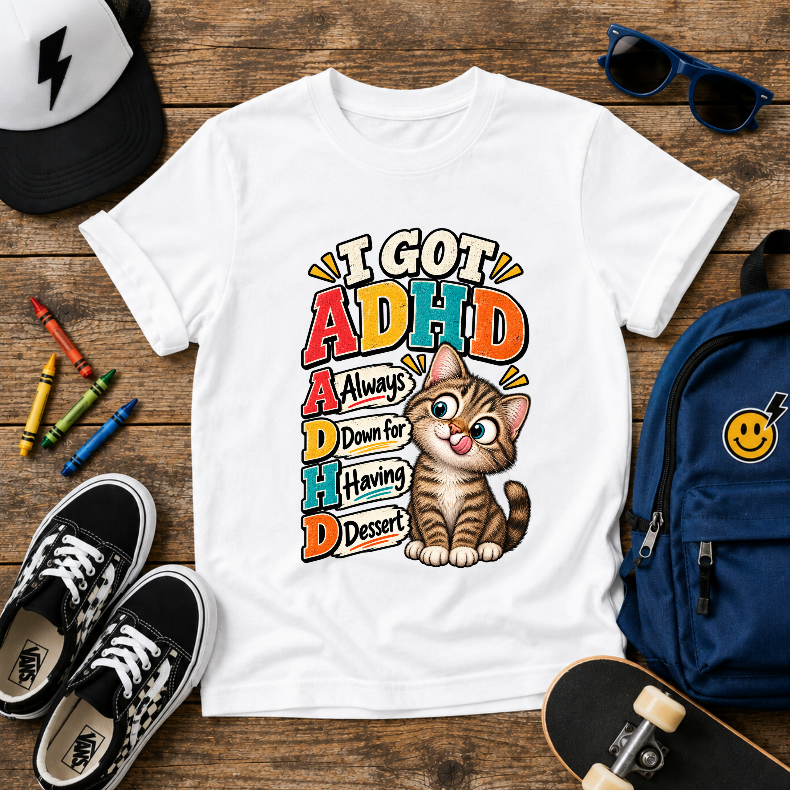 Kids ADHD Cat T-Shirt - "I Got ADHD" Funny Retro Design