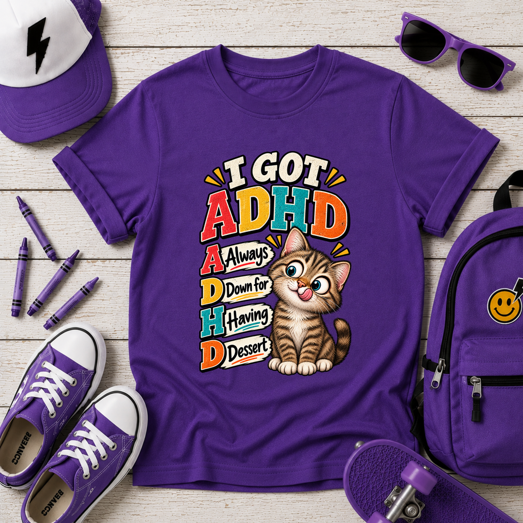 Kids ADHD Cat T-Shirt - "I Got ADHD" Funny Retro Design