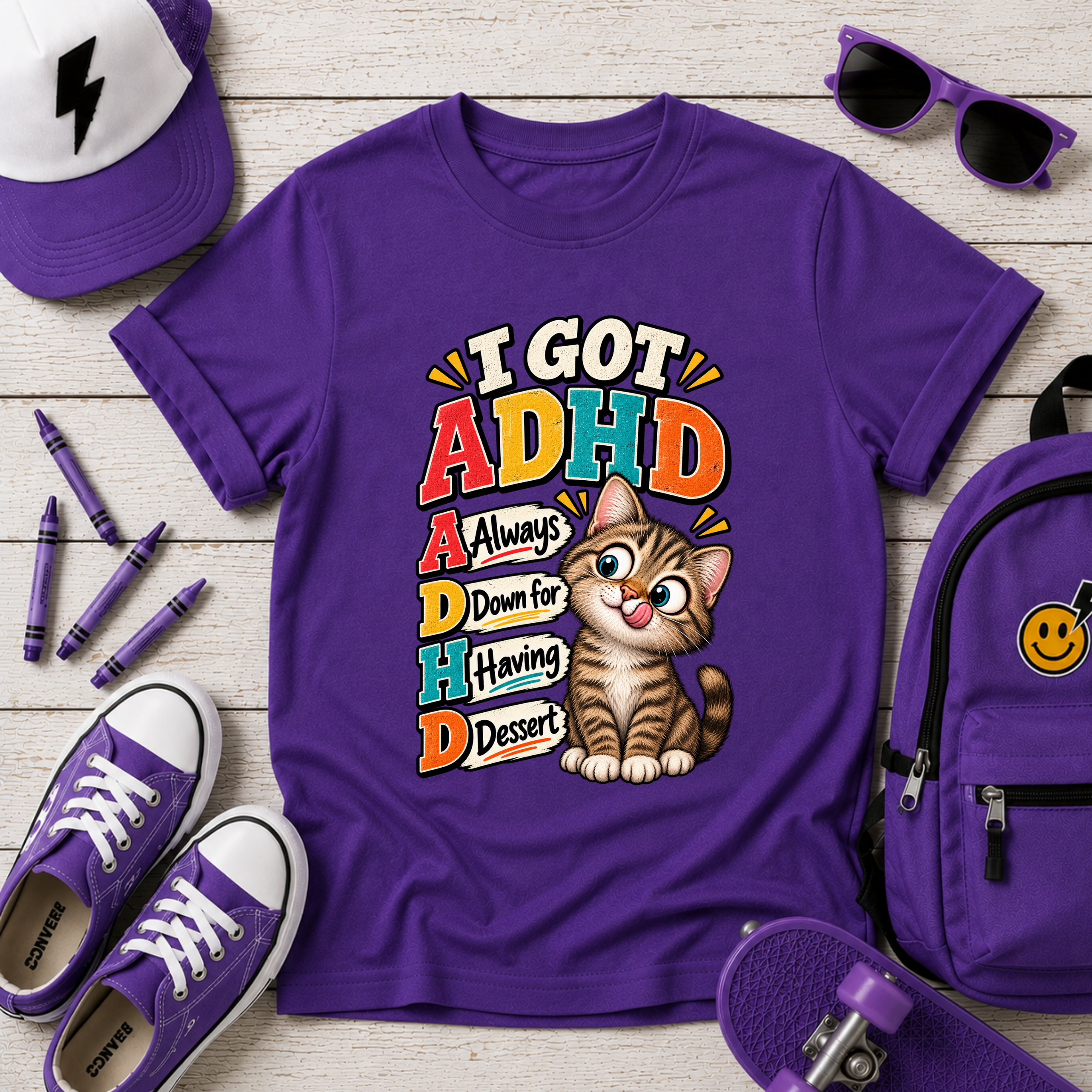 Kids ADHD Cat T-Shirt - "I Got ADHD" Funny Retro Design