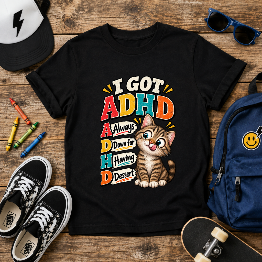Kids ADHD Cat T-Shirt - "I Got ADHD" Funny Retro Design