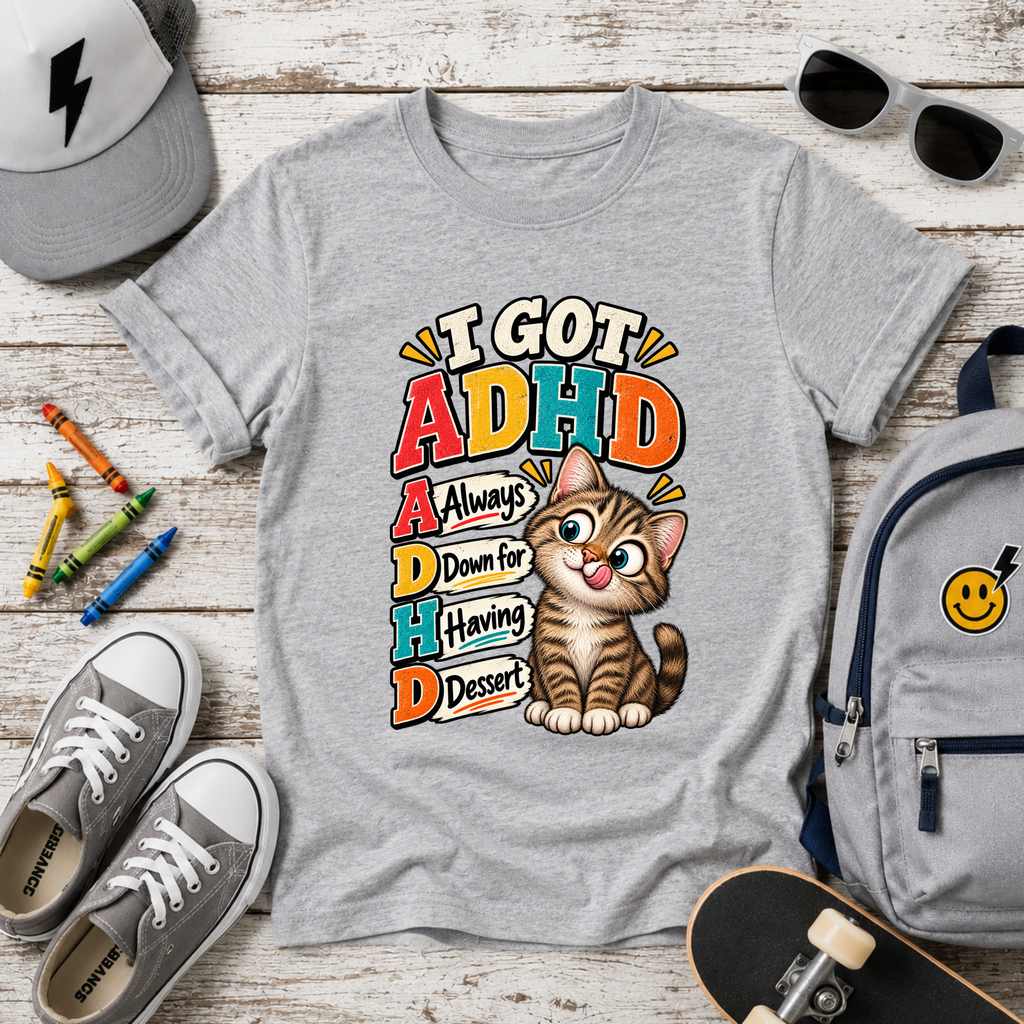 Kids ADHD Cat T-Shirt - "I Got ADHD" Funny Retro Design