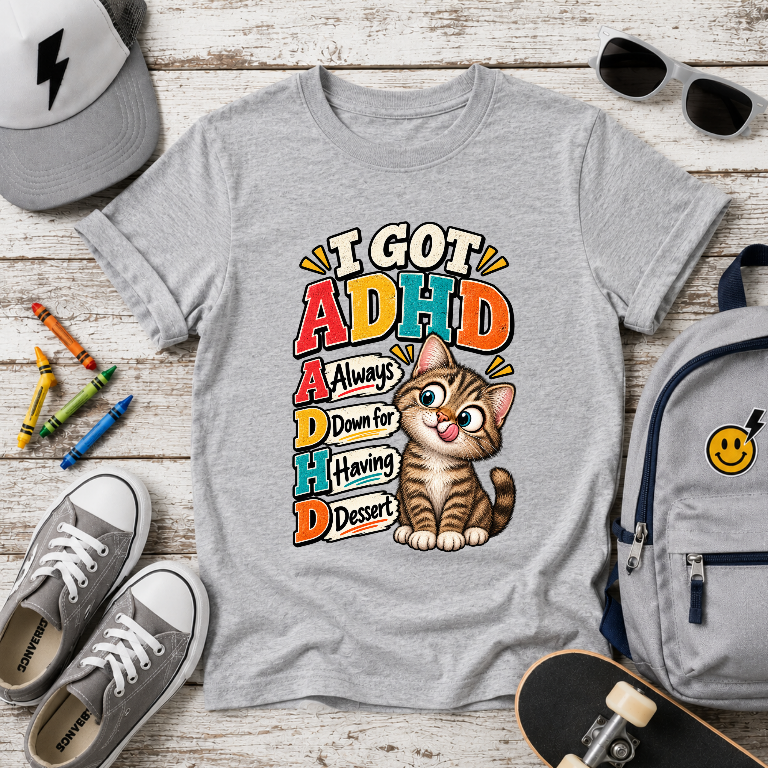 Kids ADHD Cat T-Shirt - "I Got ADHD" Funny Retro Design