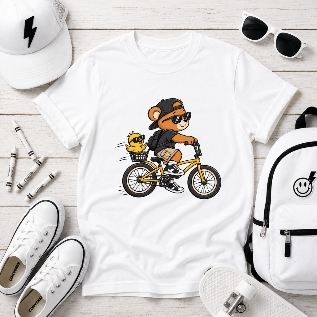 Kids Bicycle Bear T‑Shirt Cool Bear Riding Bike Graphic Tee