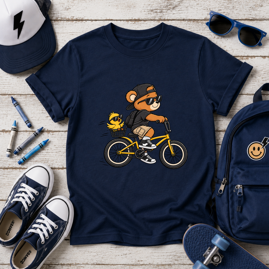 Kids Bicycle Bear T‑Shirt Cool Bear Riding Bike Graphic Tee
