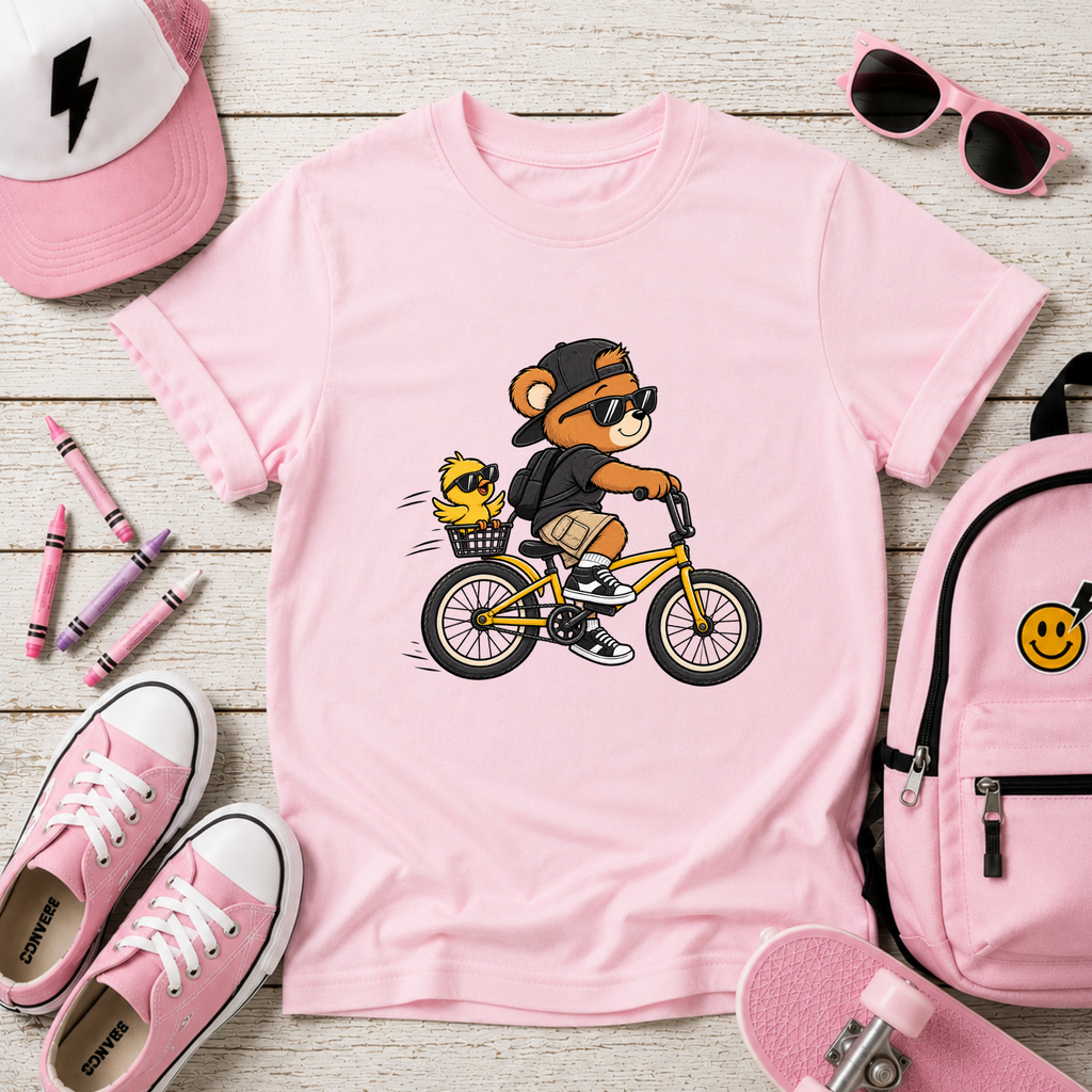 Kids Bicycle Bear T‑Shirt Cool Bear Riding Bike Graphic Tee