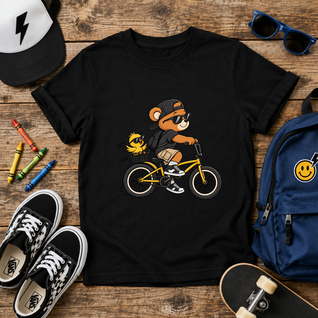 Kids Bicycle Bear T‑Shirt Cool Bear Riding Bike Graphic Tee