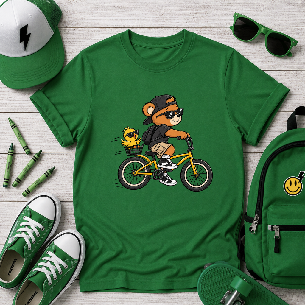 Kids Bicycle Bear T‑Shirt Cool Bear Riding Bike Graphic Tee
