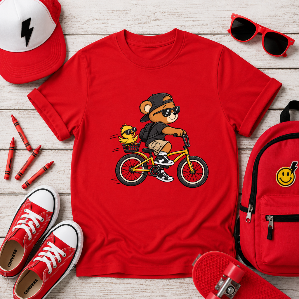 Kids Bicycle Bear T‑Shirt Cool Bear Riding Bike Graphic Tee
