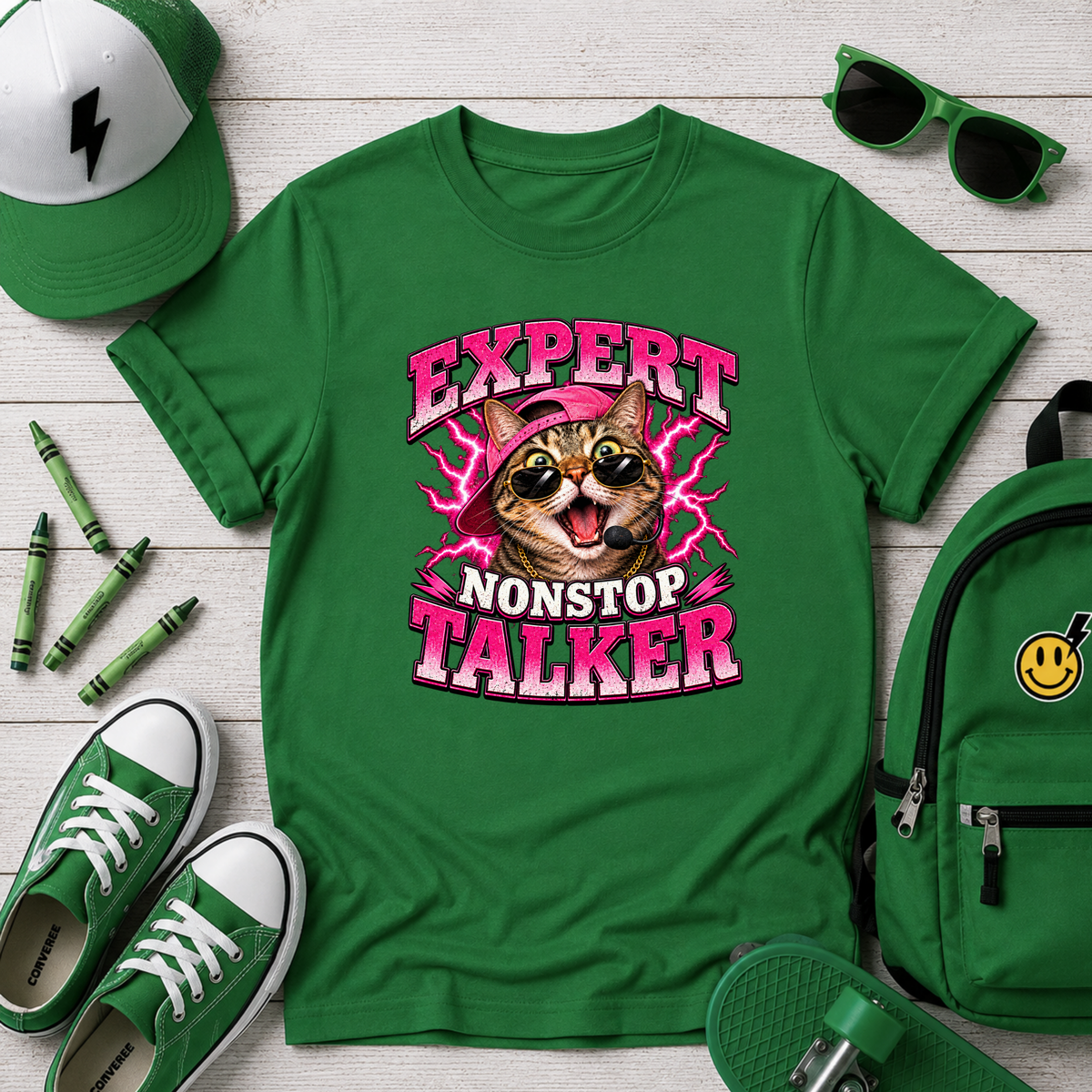Expert Nonstop Talker Kids T‑Shirt Funny Cat Graphic Tee for Chatty Girls