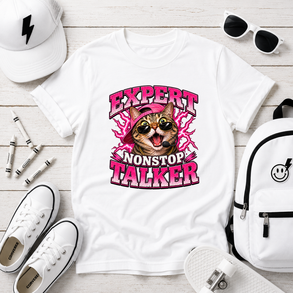 Expert Nonstop Talker Kids T‑Shirt Funny Cat Graphic Tee for Chatty Girls