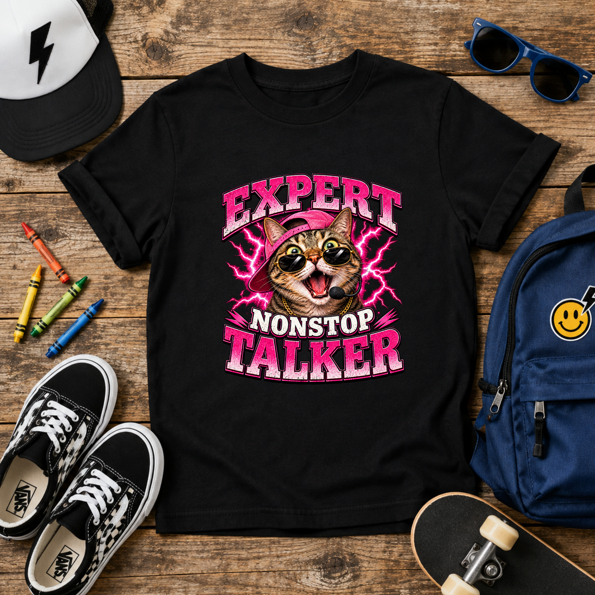 Expert Nonstop Talker Kids T‑Shirt Funny Cat Graphic Tee for Chatty Girls