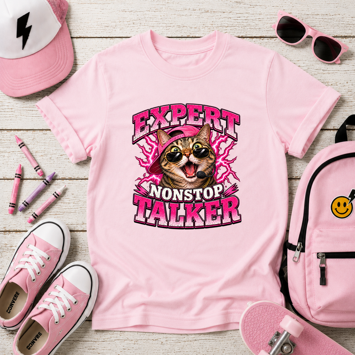 Expert Nonstop Talker Kids T‑Shirt Funny Cat Graphic Tee for Chatty Girls