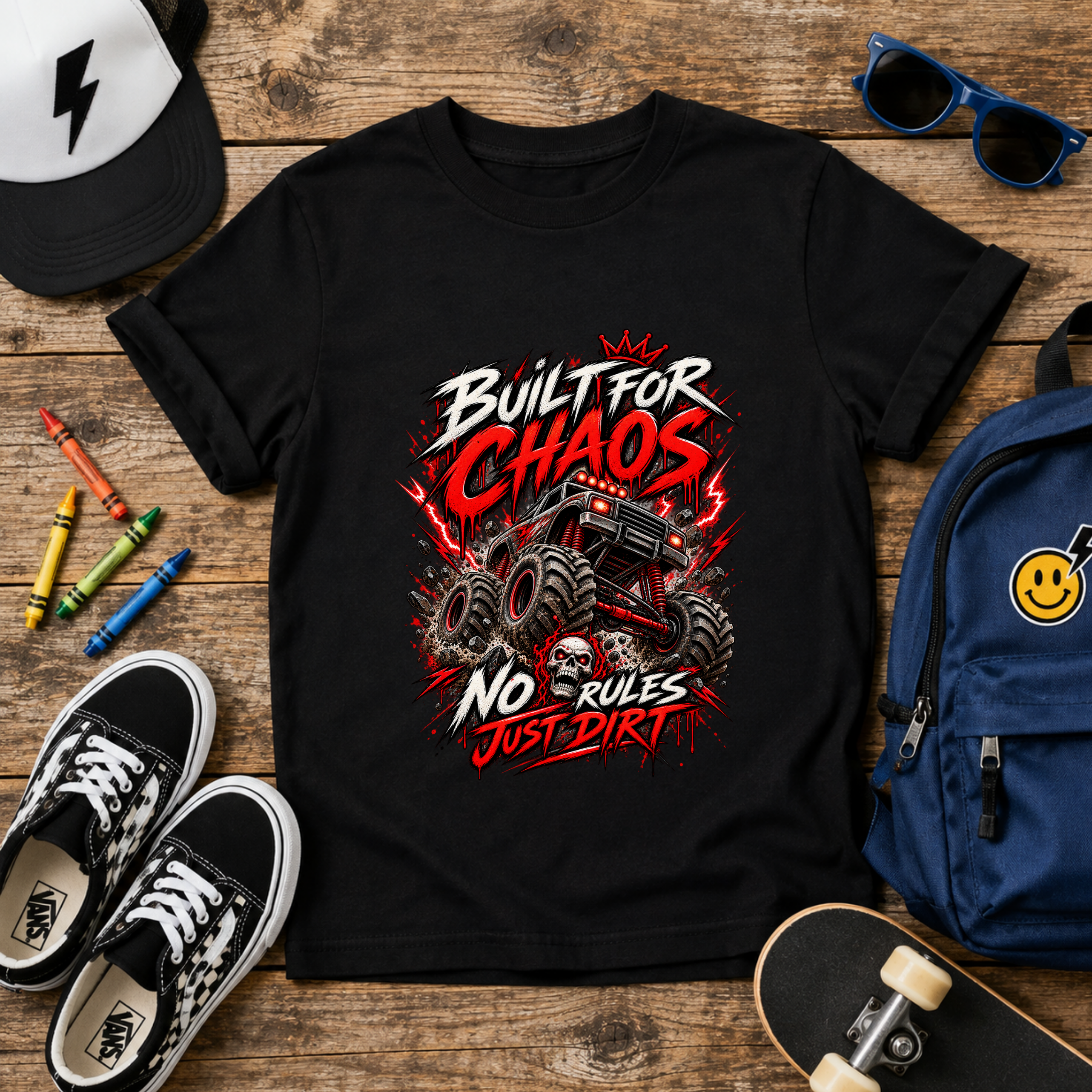 Kids Tee "Built for Chaos" Monster Truck Graphic (No Rules, Just Dirt)
