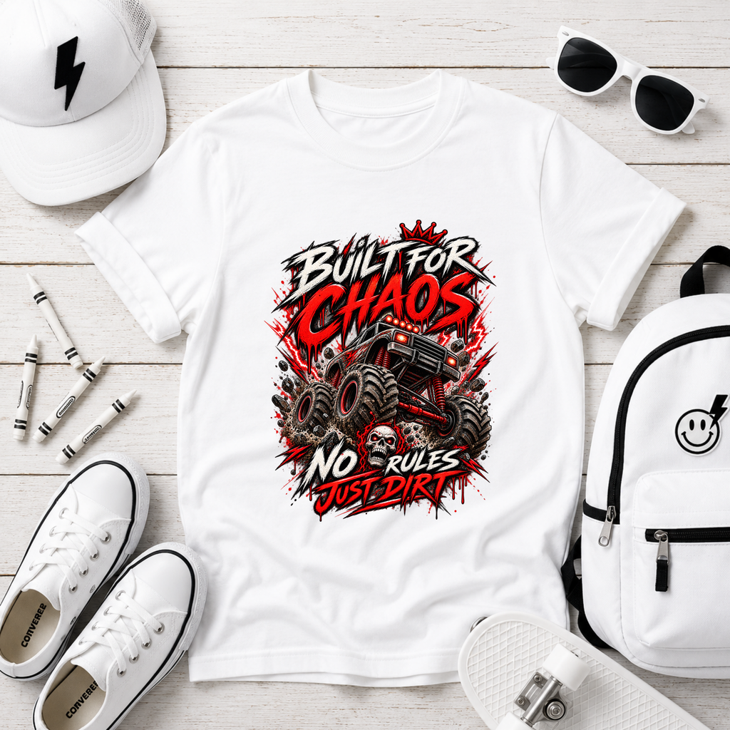 Kids Tee "Built for Chaos" Monster Truck Graphic (No Rules, Just Dirt)