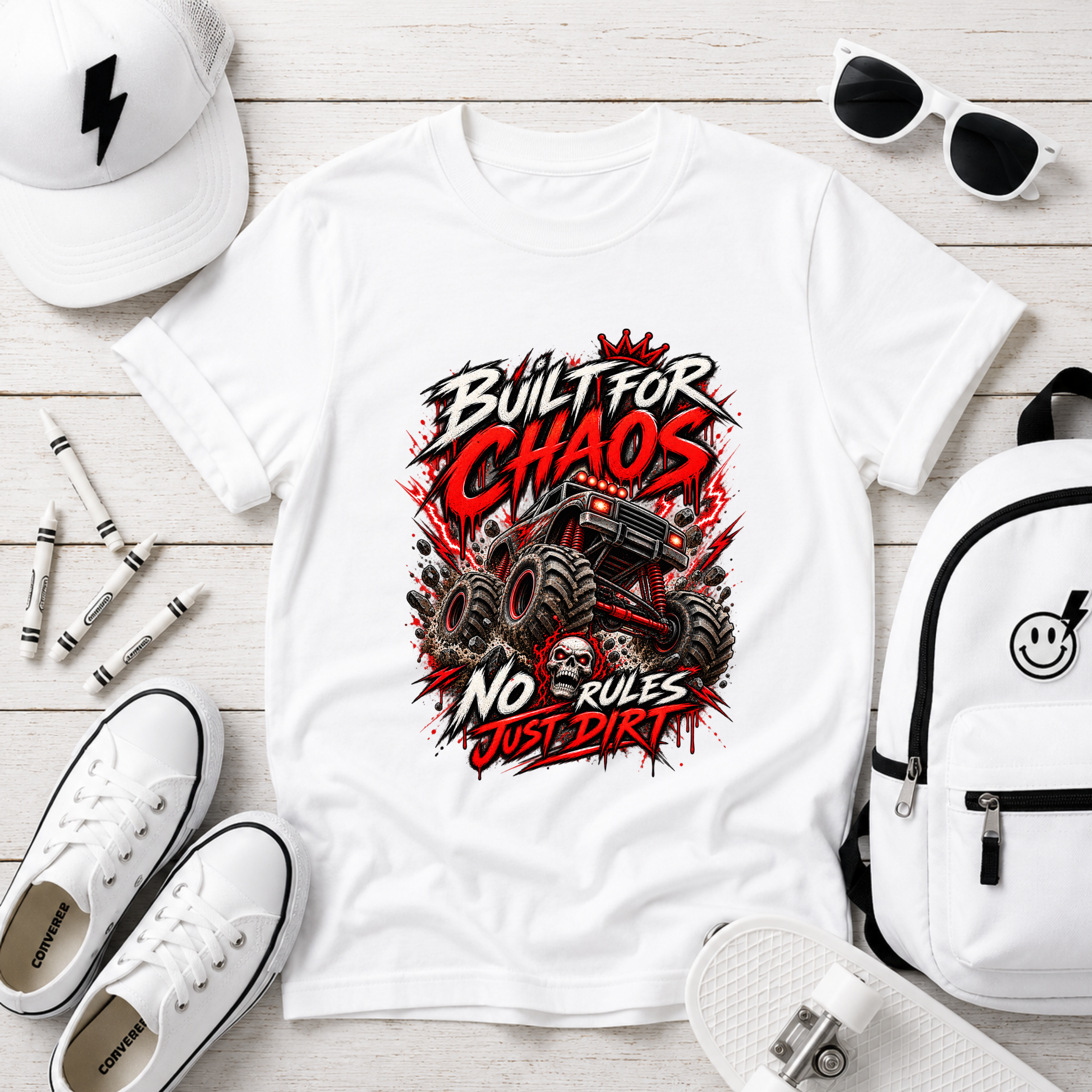 Kids Tee "Built for Chaos" Monster Truck Graphic (No Rules, Just Dirt)