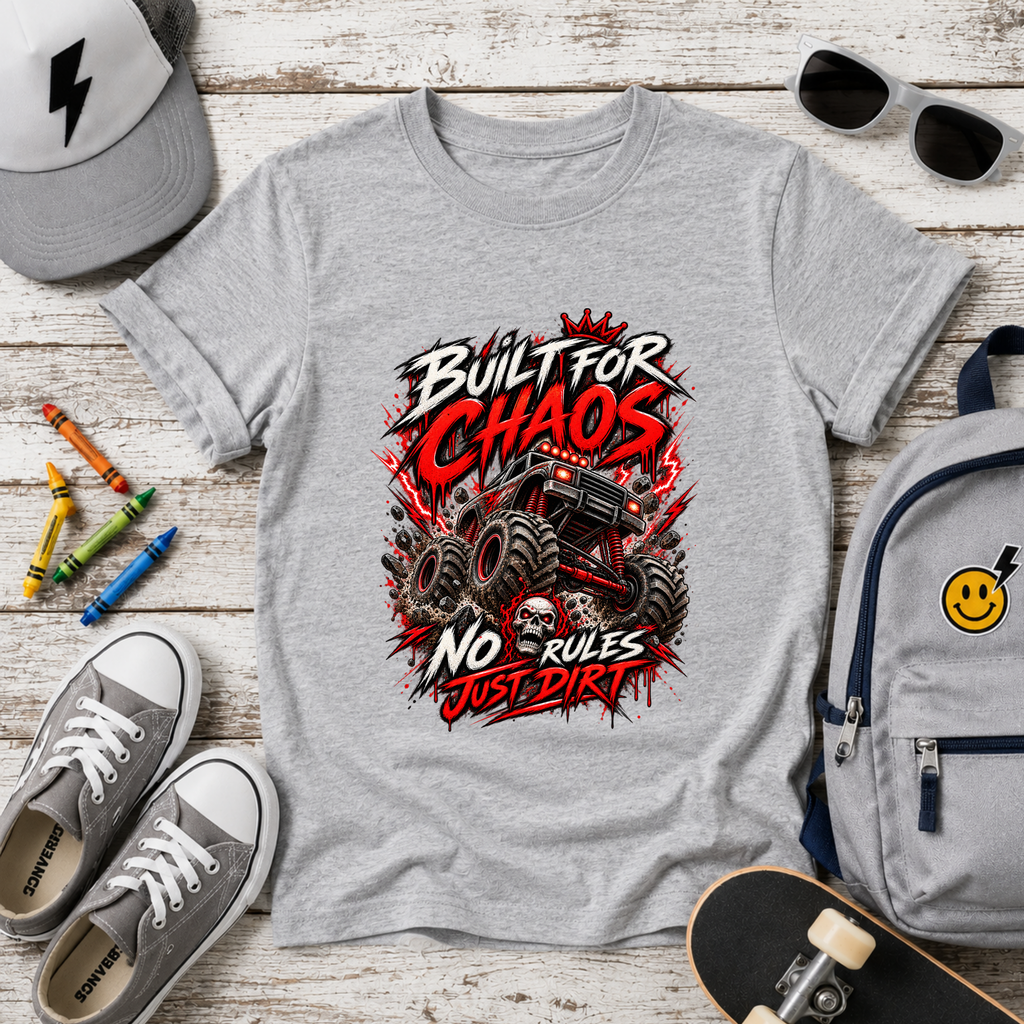 Kids Tee "Built for Chaos" Monster Truck Graphic (No Rules, Just Dirt)