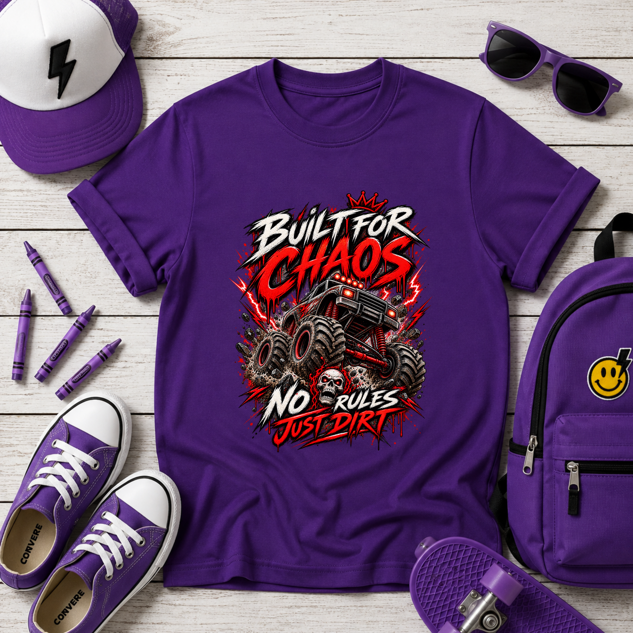 Kids Tee "Built for Chaos" Monster Truck Graphic (No Rules, Just Dirt)