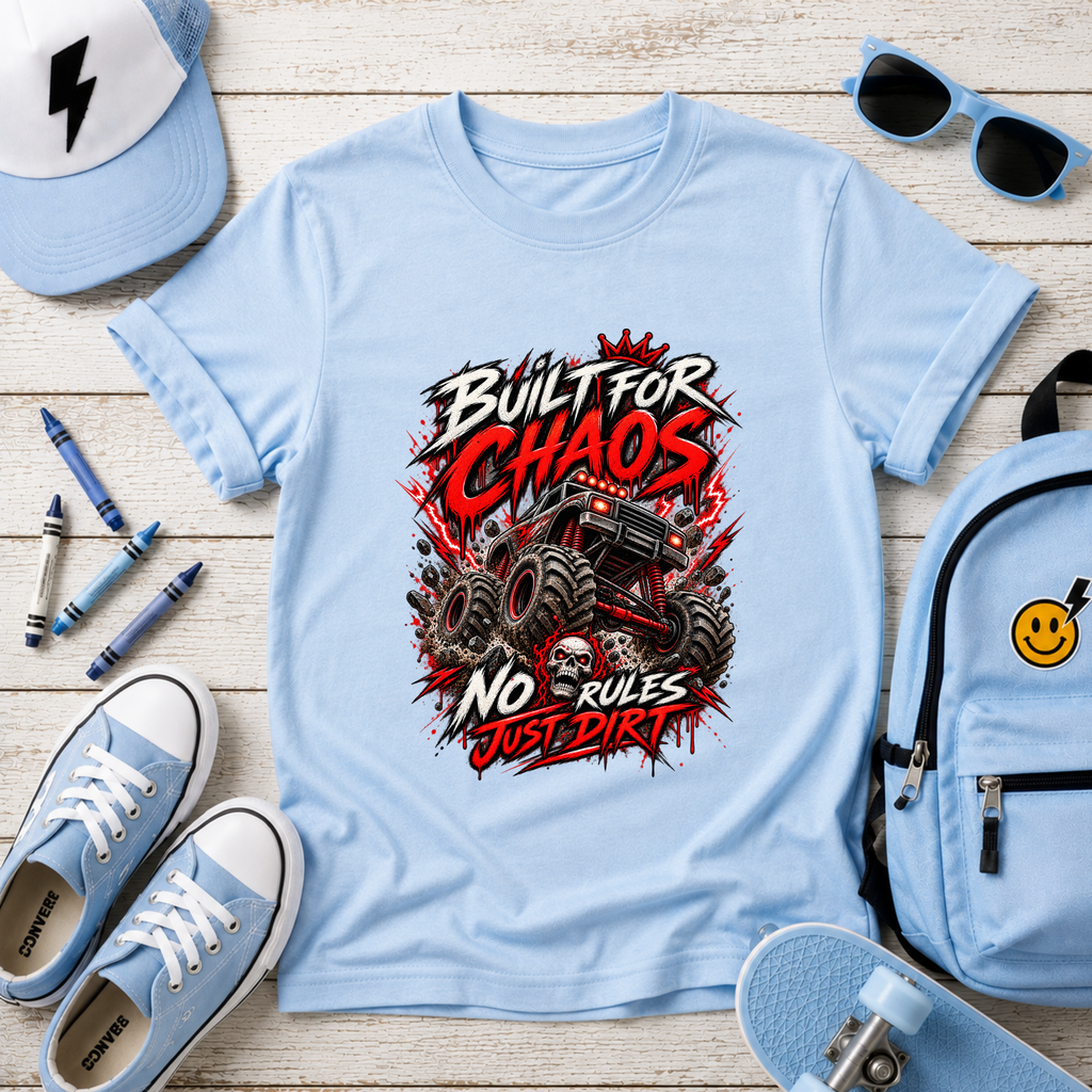 Kids Tee "Built for Chaos" Monster Truck Graphic (No Rules, Just Dirt)