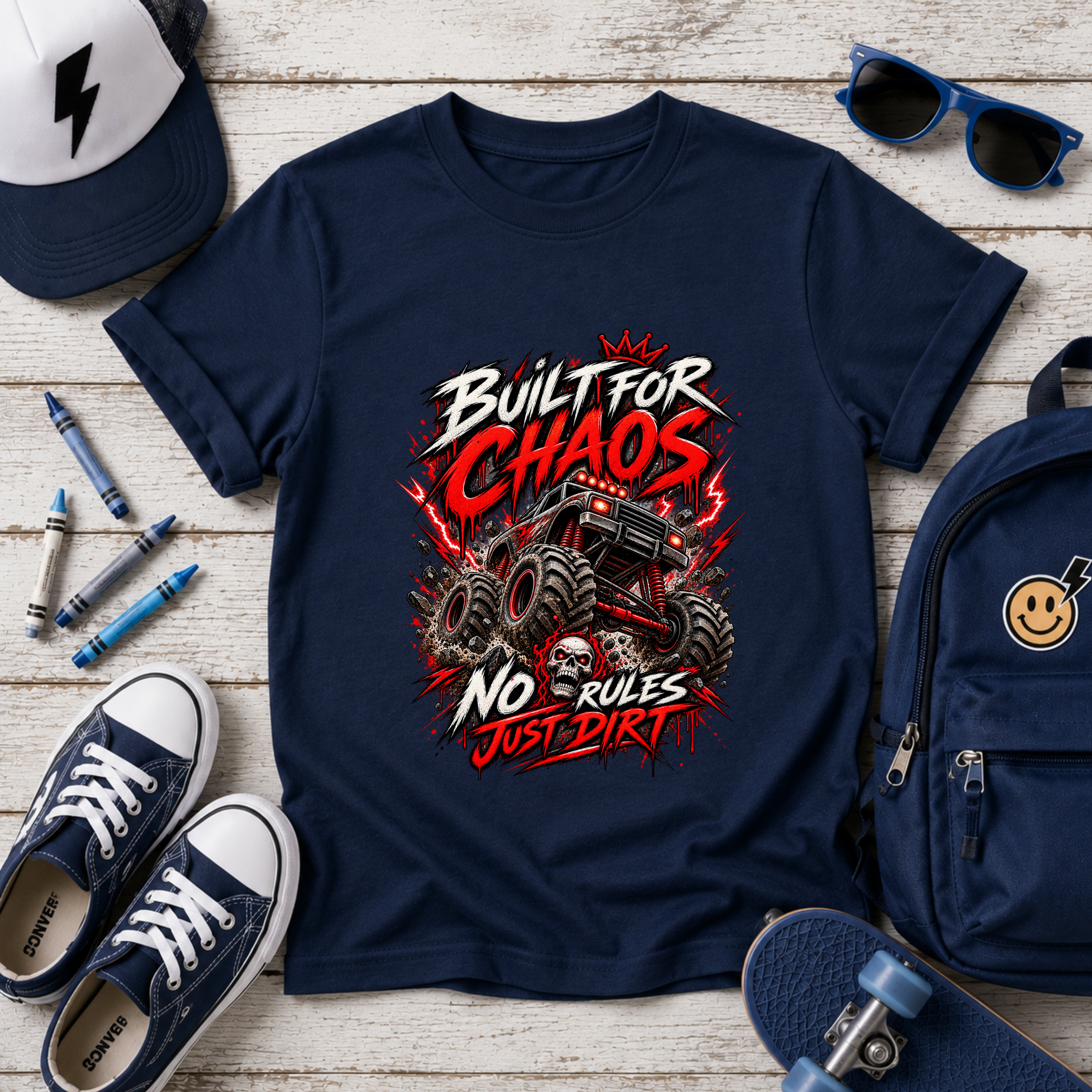 Kids Tee "Built for Chaos" Monster Truck Graphic (No Rules, Just Dirt)