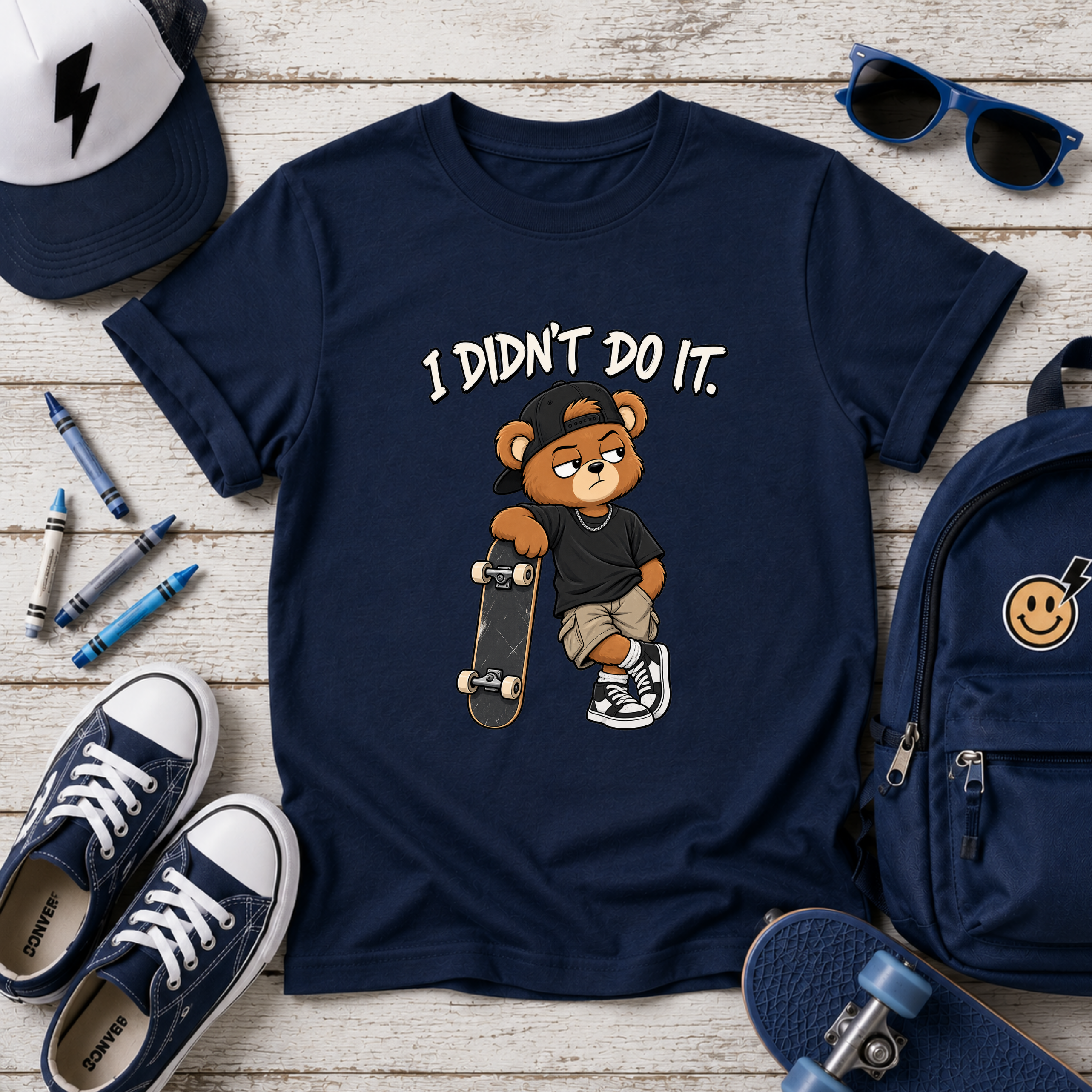 Kids Skateboard Tee "I Didn't Do It" Bear Funny Graphic Shirt