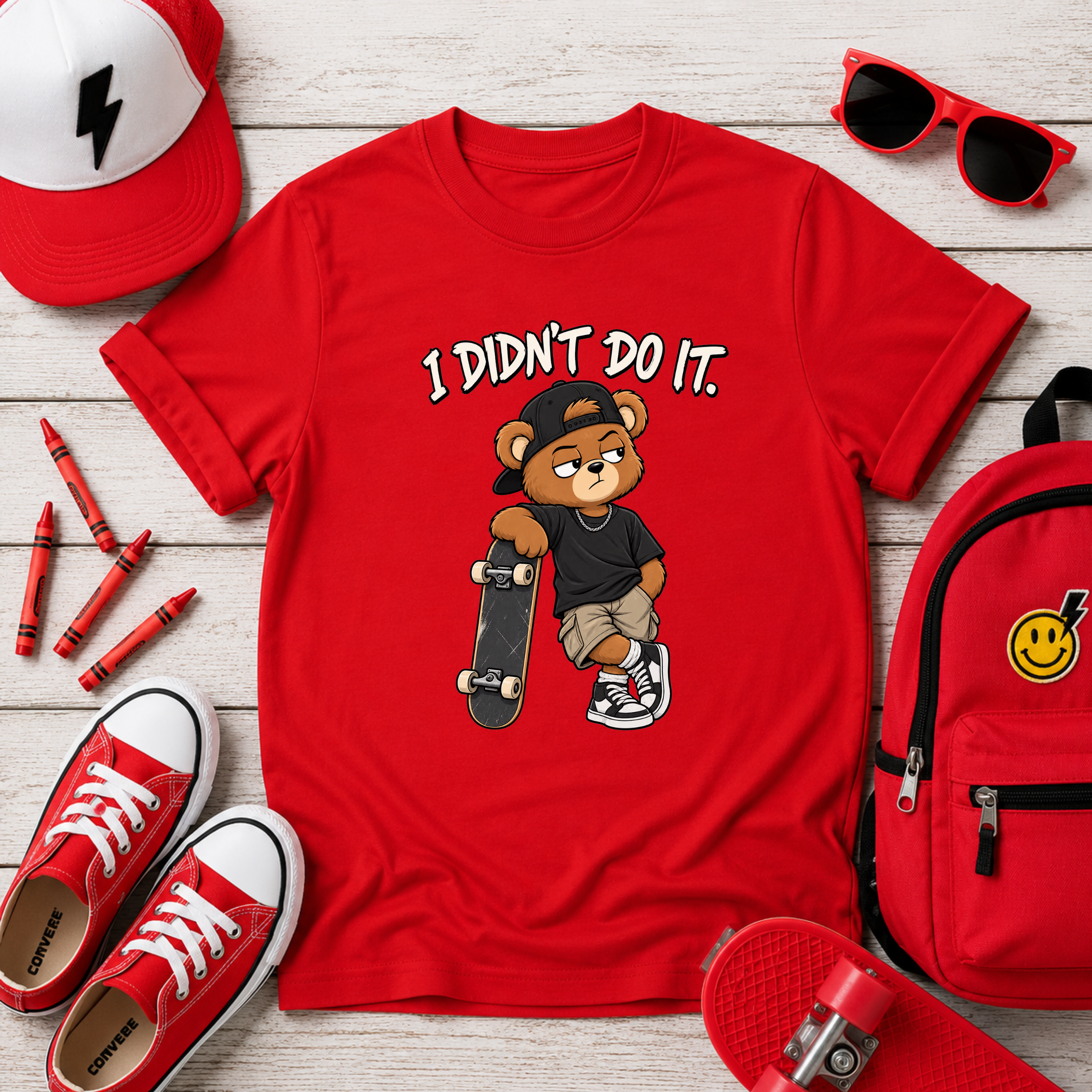 Kids Skateboard Tee "I Didn't Do It" Bear Funny Graphic Shirt