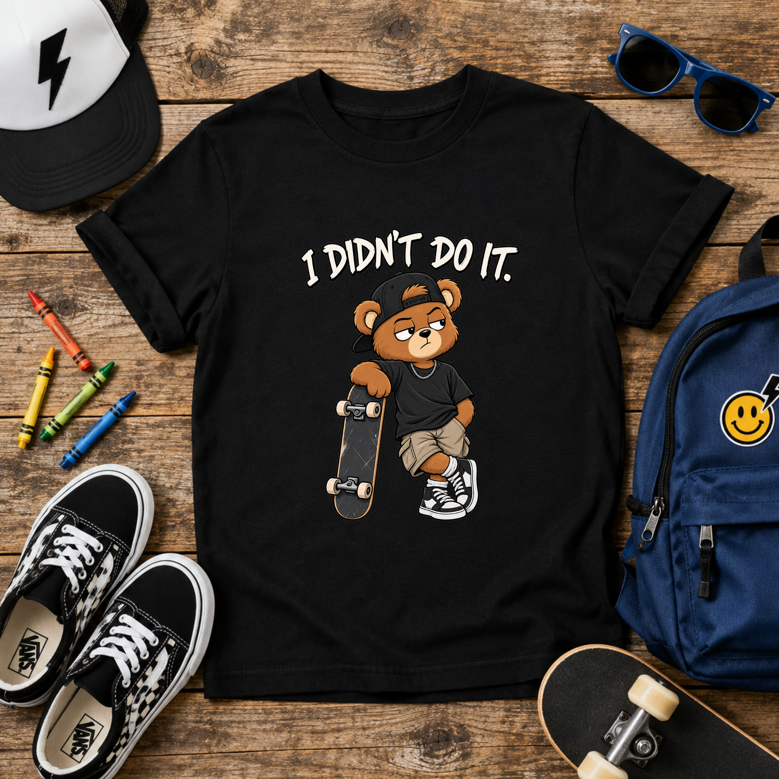Kids Skateboard Tee "I Didn't Do It" Bear Funny Graphic Shirt