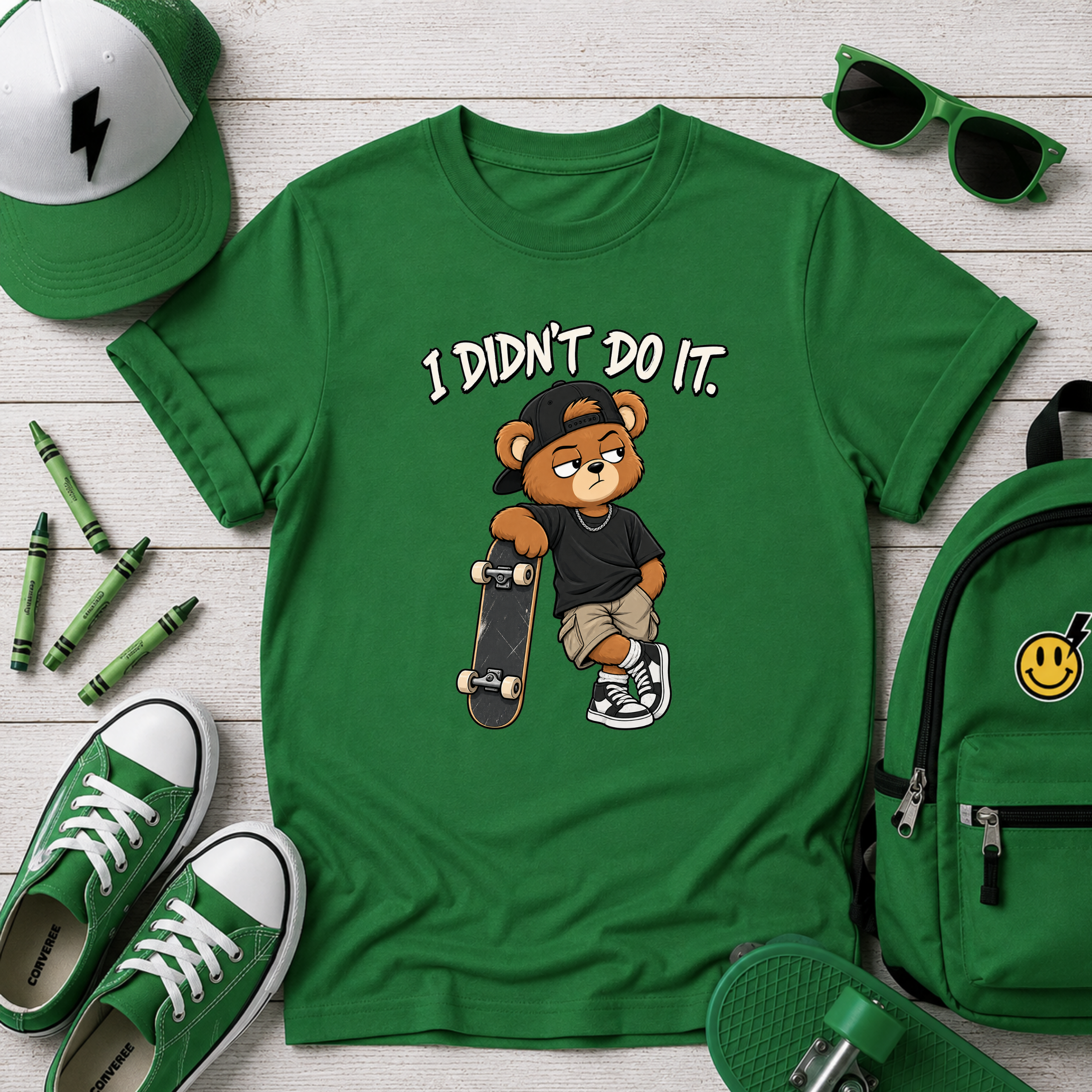 Kids Skateboard Tee "I Didn't Do It" Bear Funny Graphic Shirt