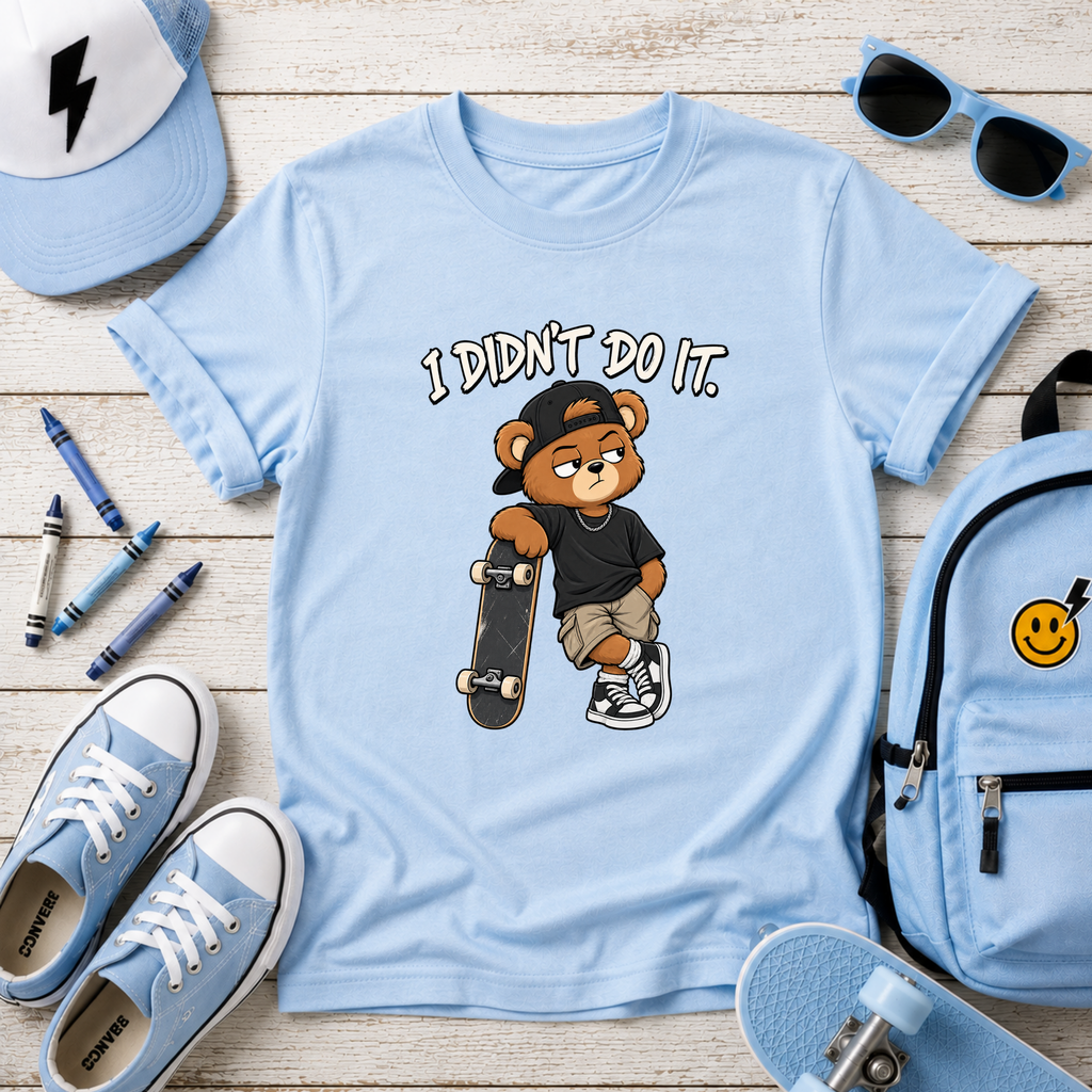 Kids Skateboard Tee "I Didn't Do It" Bear Funny Graphic Shirt