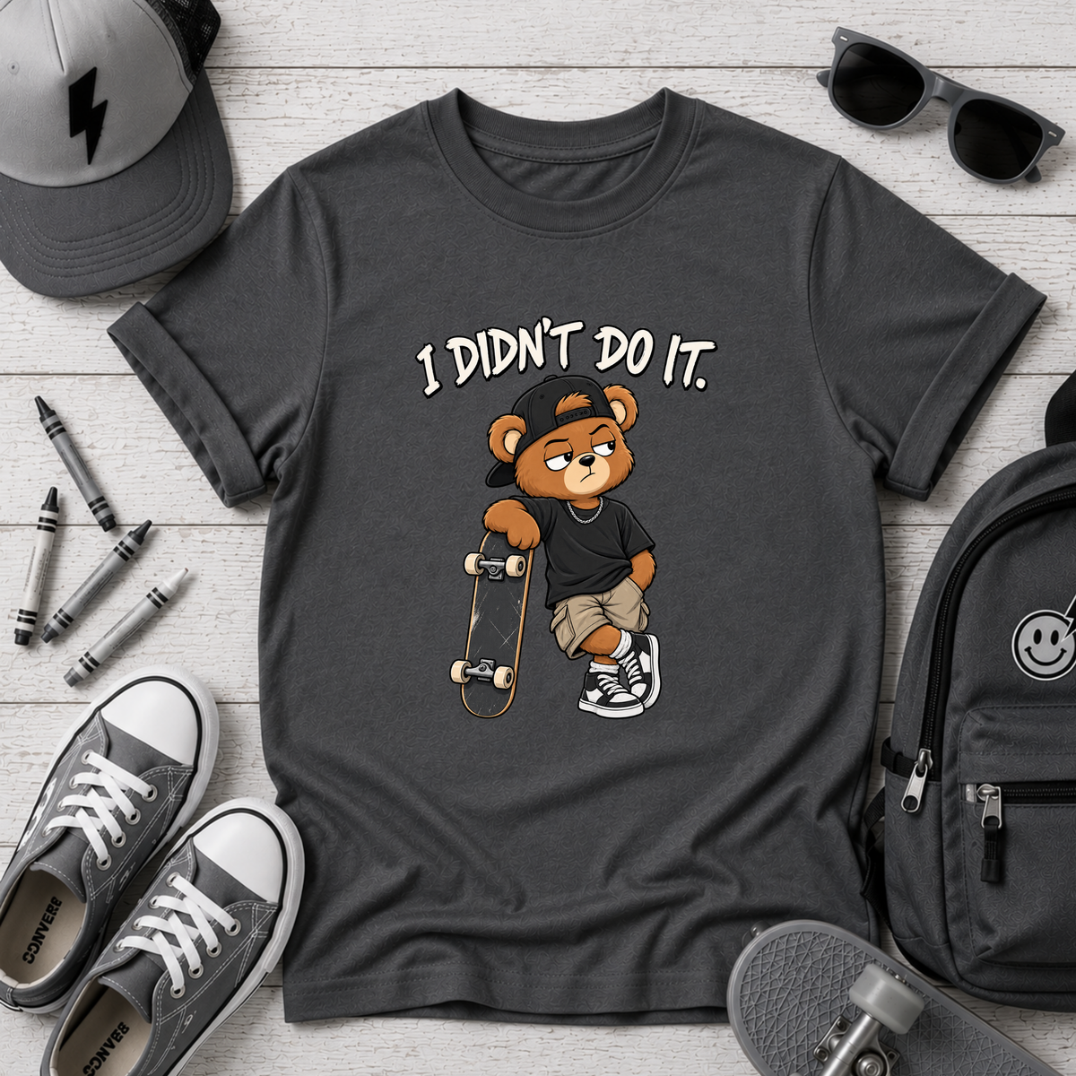 Kids Skateboard Tee "I Didn't Do It" Bear Funny Graphic Shirt