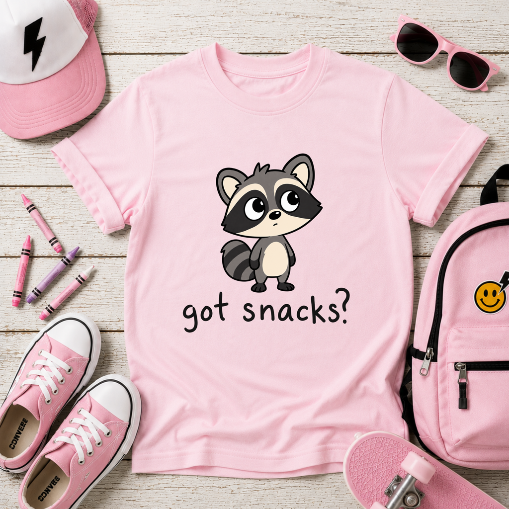 Cute Raccoon "got snacks?" Funny Graphic Tee for Kids
