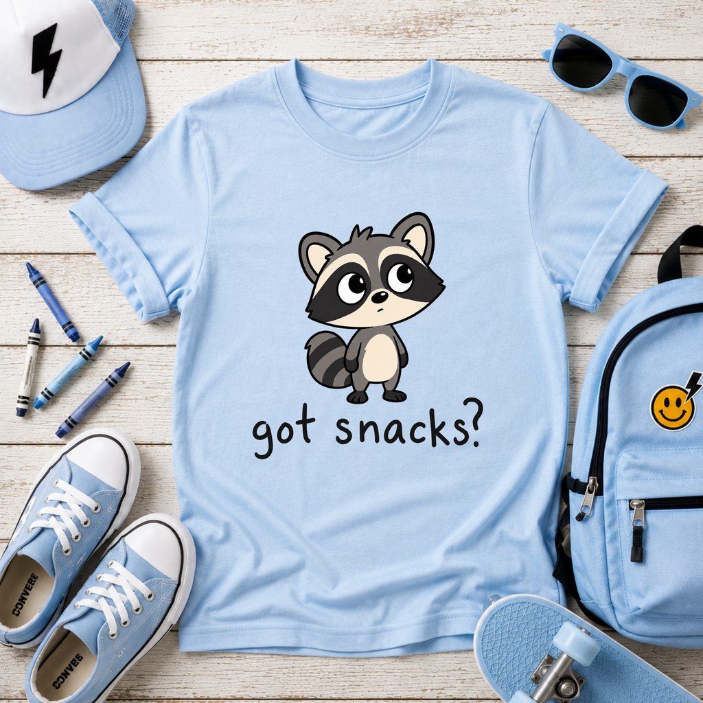 Cute Raccoon "got snacks?" Funny Graphic Tee for Kids
