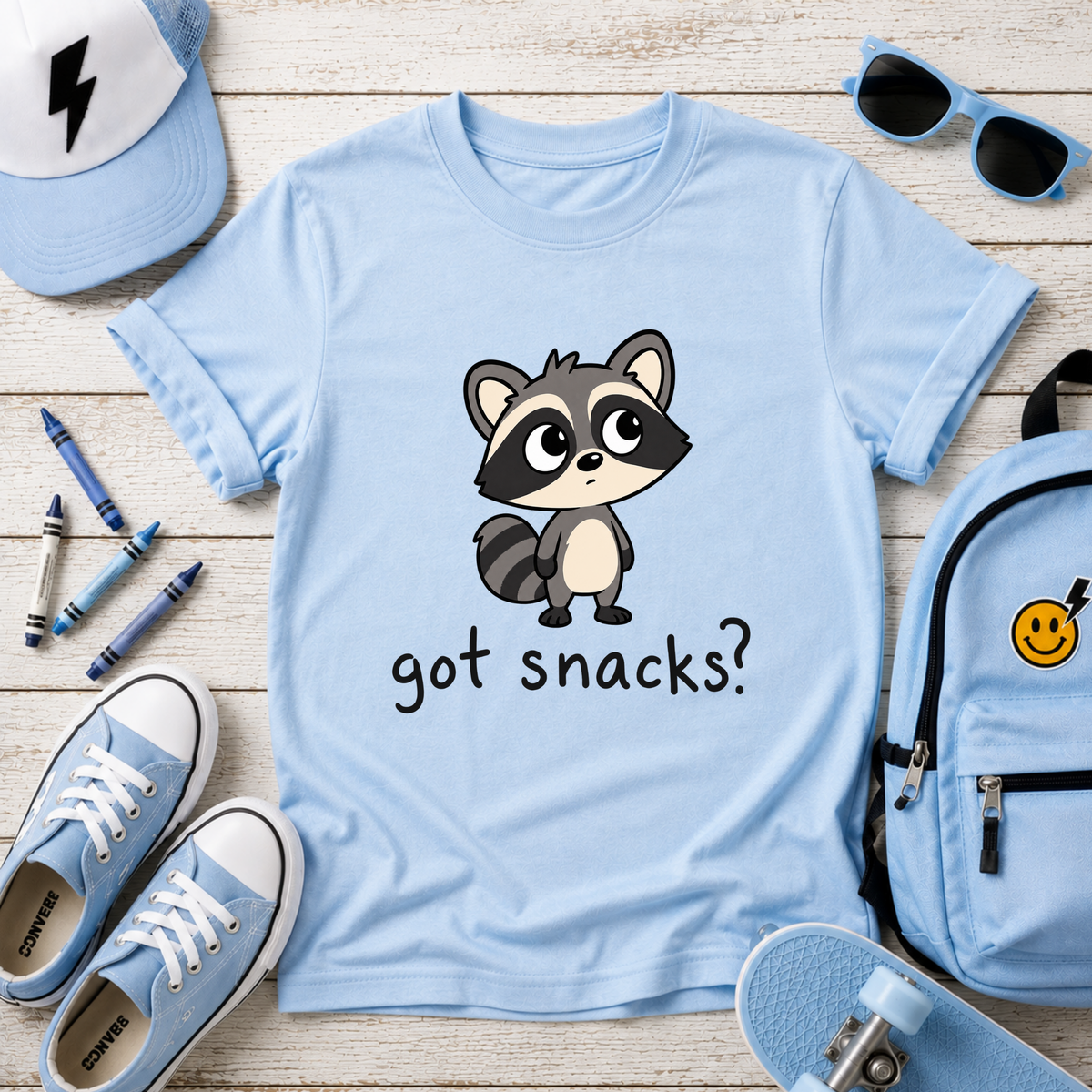 Cute Raccoon "got snacks?" Funny Graphic Tee for Kids