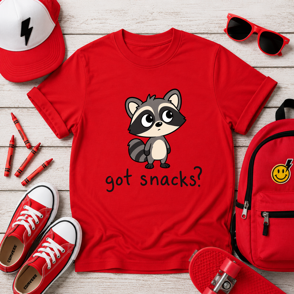 Cute Raccoon "got snacks?" Funny Graphic Tee for Kids