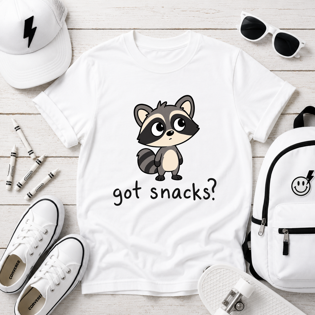 Cute Raccoon "got snacks?" Funny Graphic Tee for Kids