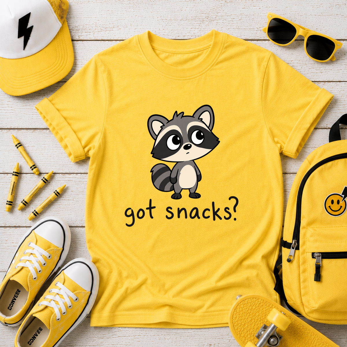 Cute Raccoon "got snacks?" Funny Graphic Tee for Kids
